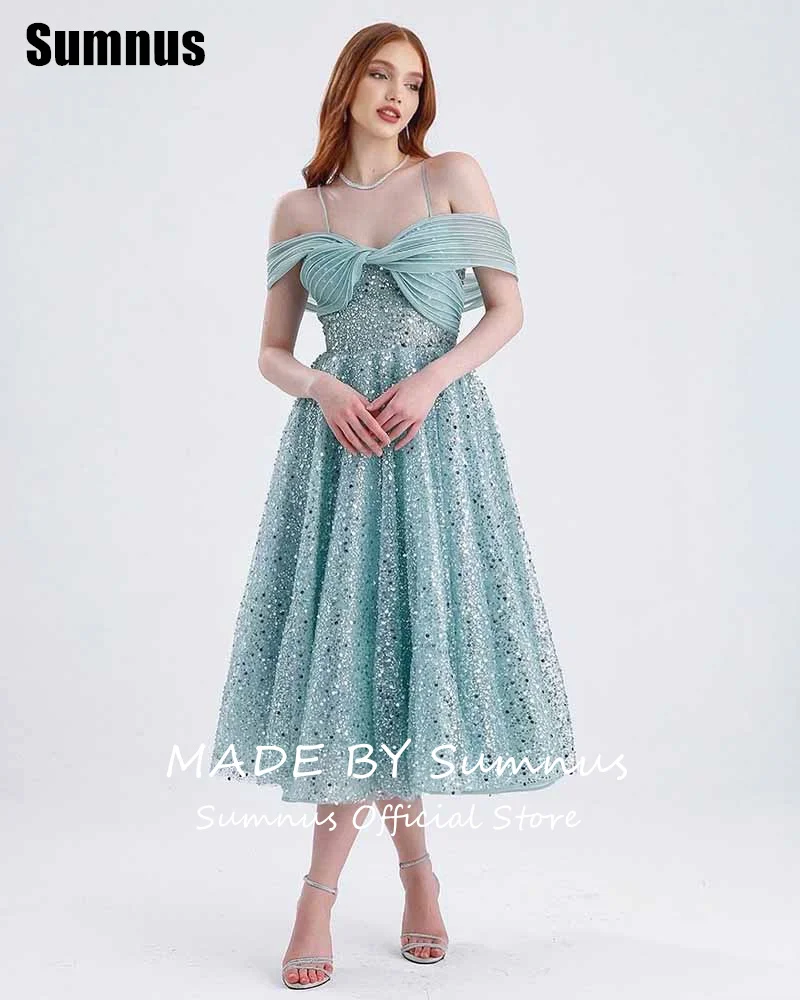Sumnus – robe de bal trapèze scintillante, épaules dénudées, drapée à paillettes, longueur cheville, robe de soirée personnalisée