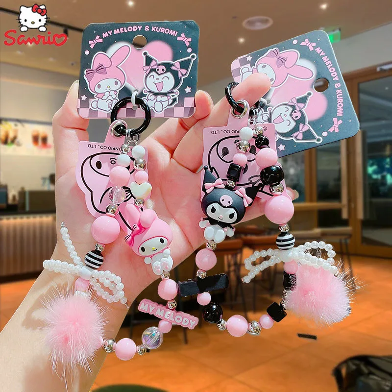 Sanrio Kuromi Phone Chain Anime My Melody Beaded Backpack Pendant Kawaii Keychain Cute Mobile Case Accessories Mobile Pendant