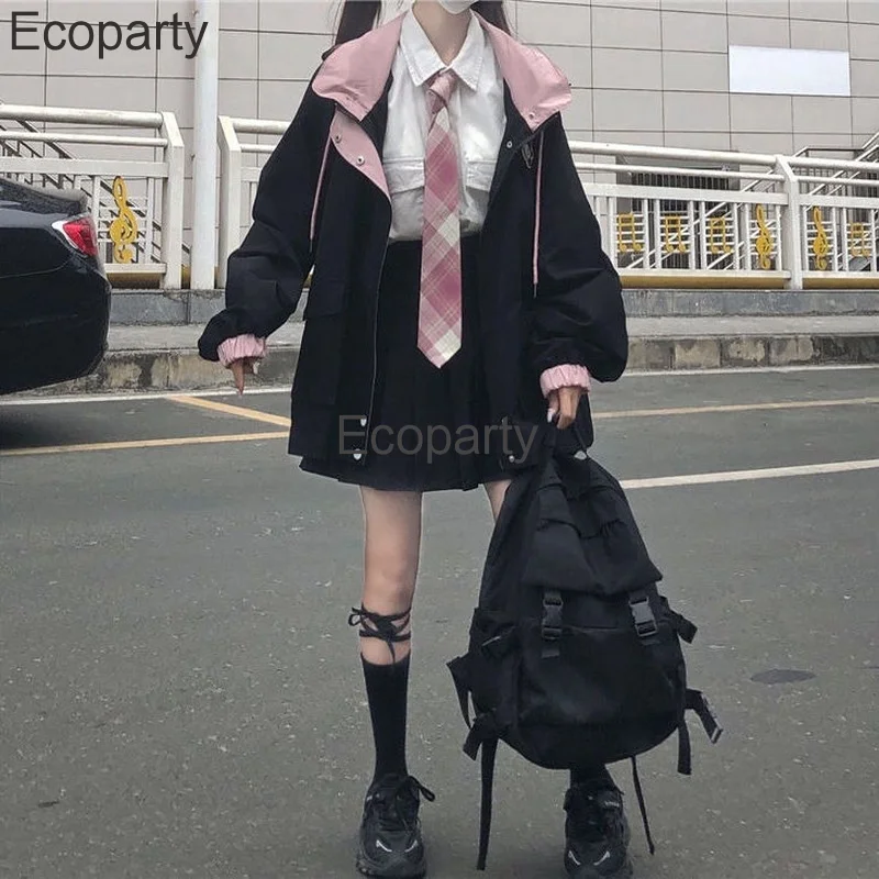 2023 Japanese Kawaii Jacket For Women Autumn Autumn Pink Preppy Style Oversized Hooded Coat Korean Fashion Casual Outwear Girls