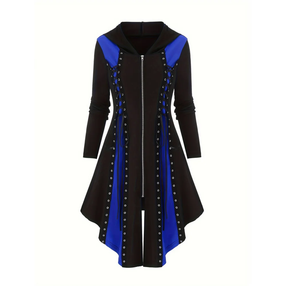 2025 New Gothic Hooded Dresses Vintage Long Sleeve Lace-Up Zipper Patchwork Party Dress Halloween Costume Fancy Dress