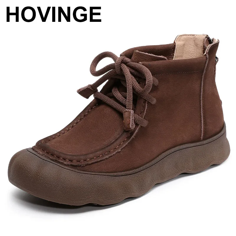 

Handmade Retro Genuine Leather Ankle Boots For Women Autumn Round Toe Back Zipper Soft Soled Casual Single Boots