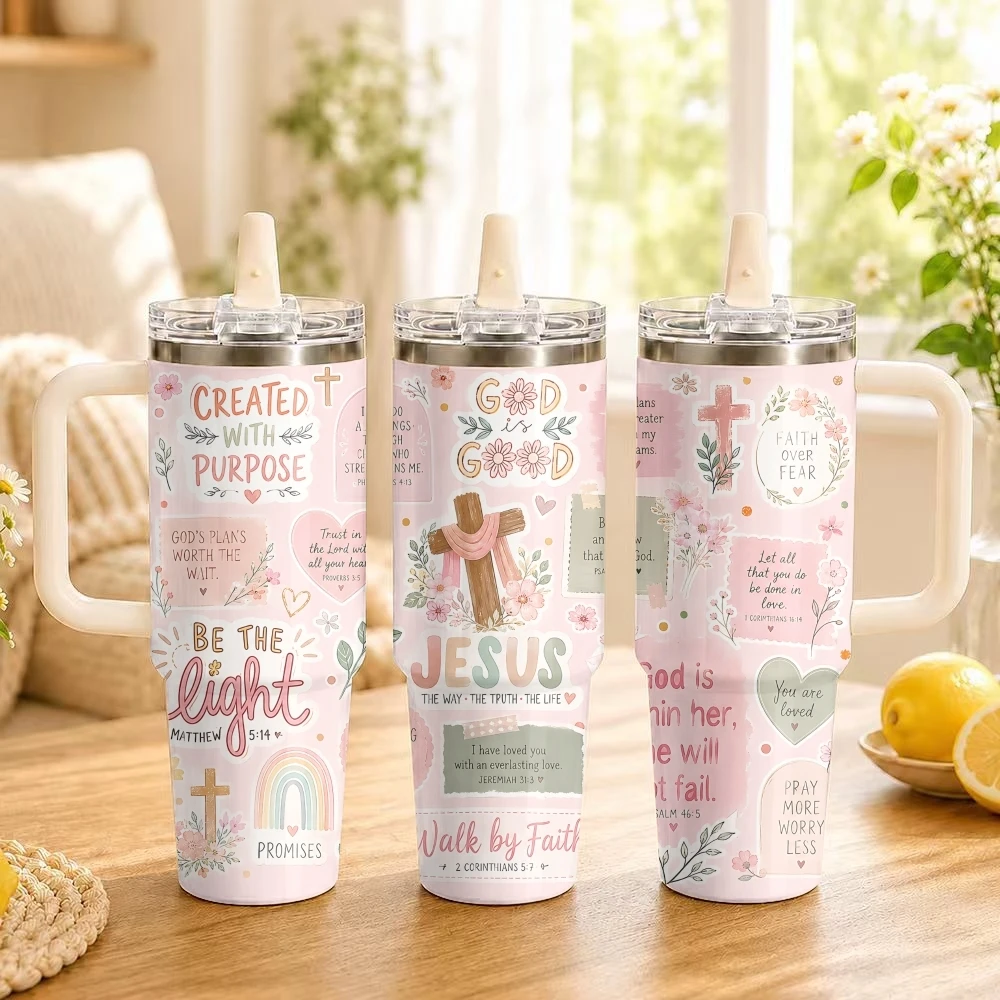 Christian Inspirational Prayer Quotes Vacuum Flasks 40oz Thermal Tumbler Handle Stainless Steel Insulated Water Portable Mug Cup