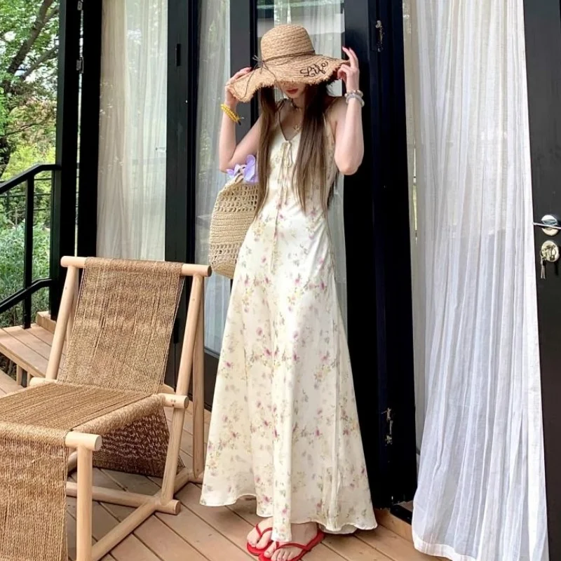 

Women Summer Long Dress Lady V Neck Butterfly Knot Slim Floral Print Dress Female Refined All-Match Vacation Dress