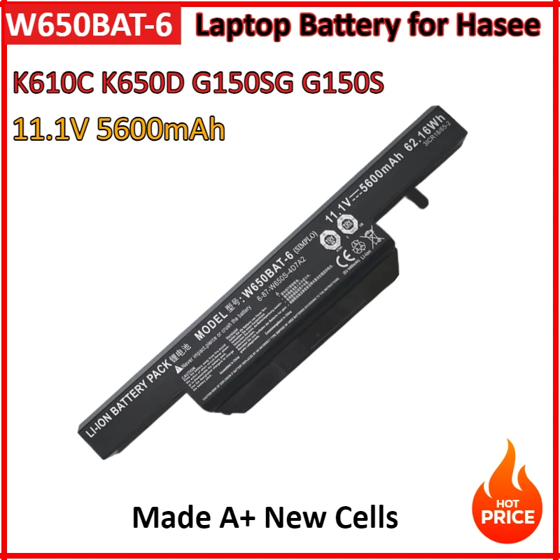 

11.1V 5600mAh W650BAT-6 Laptop Battery for Hasee K610C K650D K750D K570N K710C K590C K750D G150S G150TC G150MG G150SG W650S