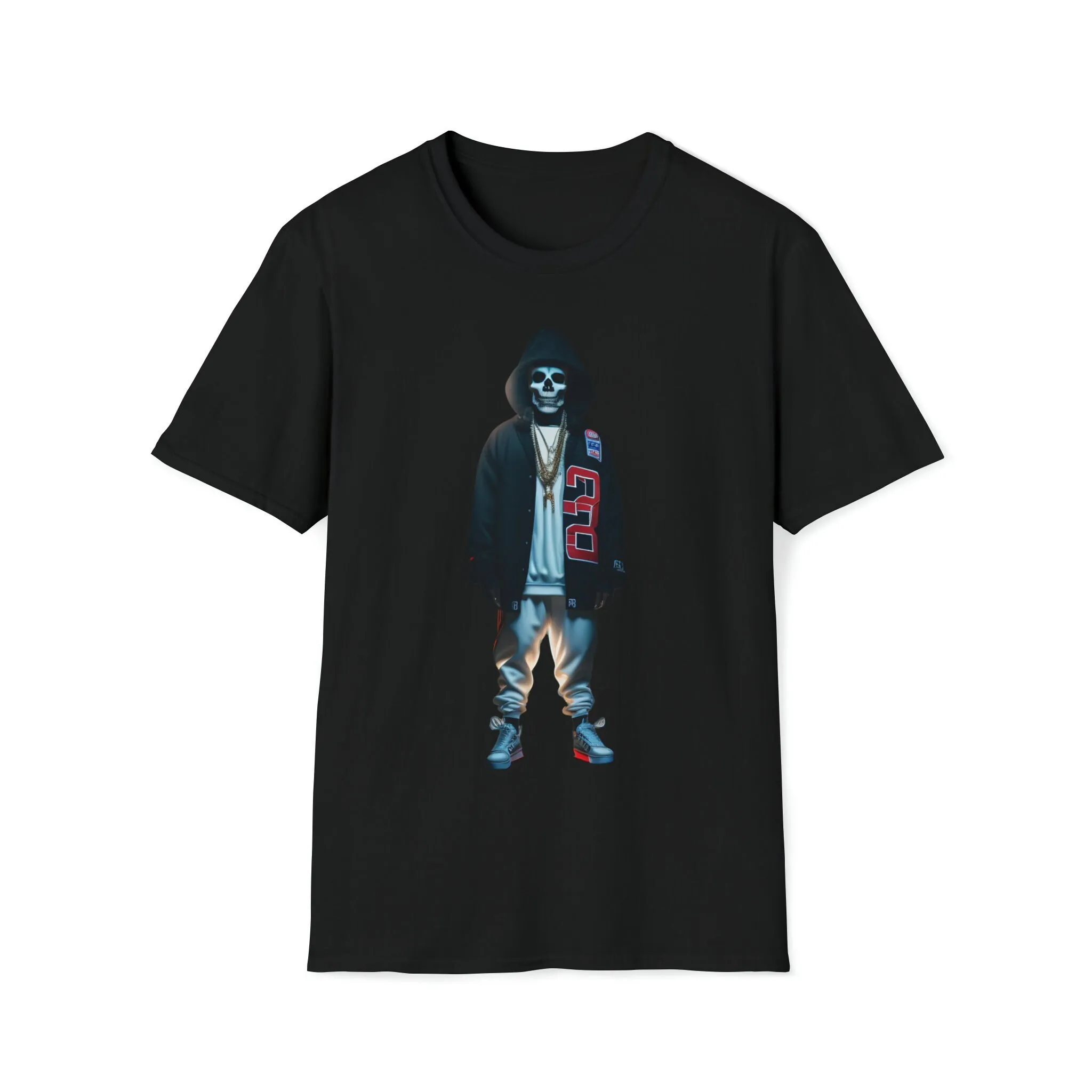 Show off your edgy and rebellious side with this t shirt featuring a skull faced person in urban gear designed by talented