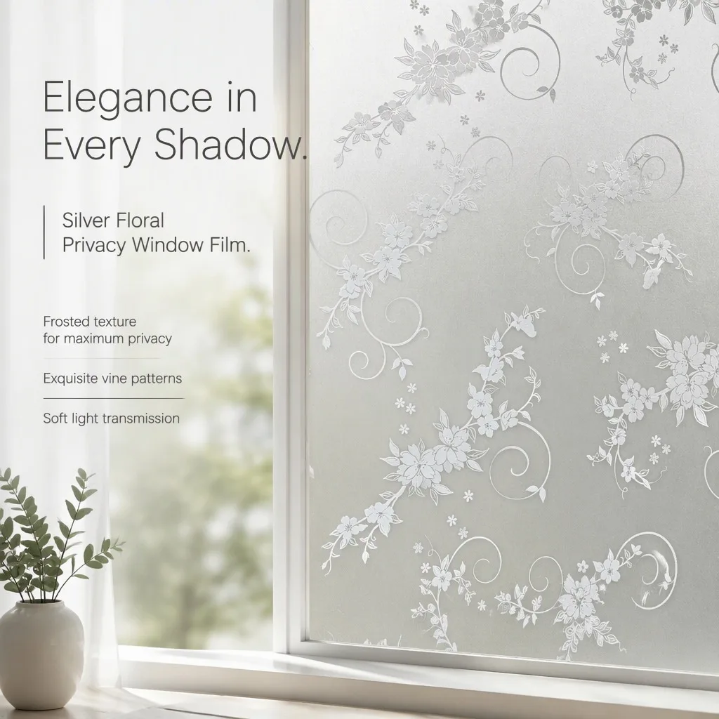 Silver Floral Privacy Window Film Static Cling Frosted Vine Pattern Sticker Non-Adhesive for Bathroom Bedroom