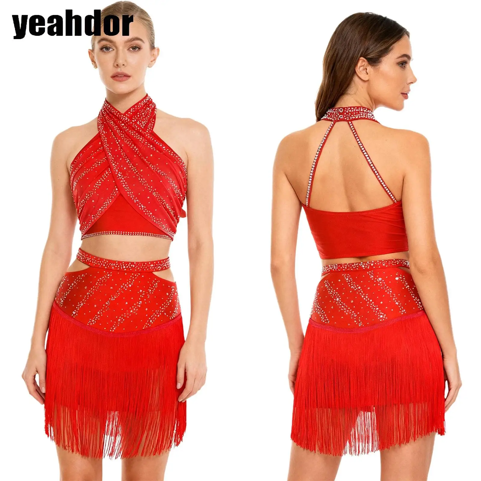

Women Tassel Latin Dance Outfit Sleeveless Rhinestones Cross Back Crop Top +Skirt Ballroom Tango Cha-Cha Skating Dancewear Set