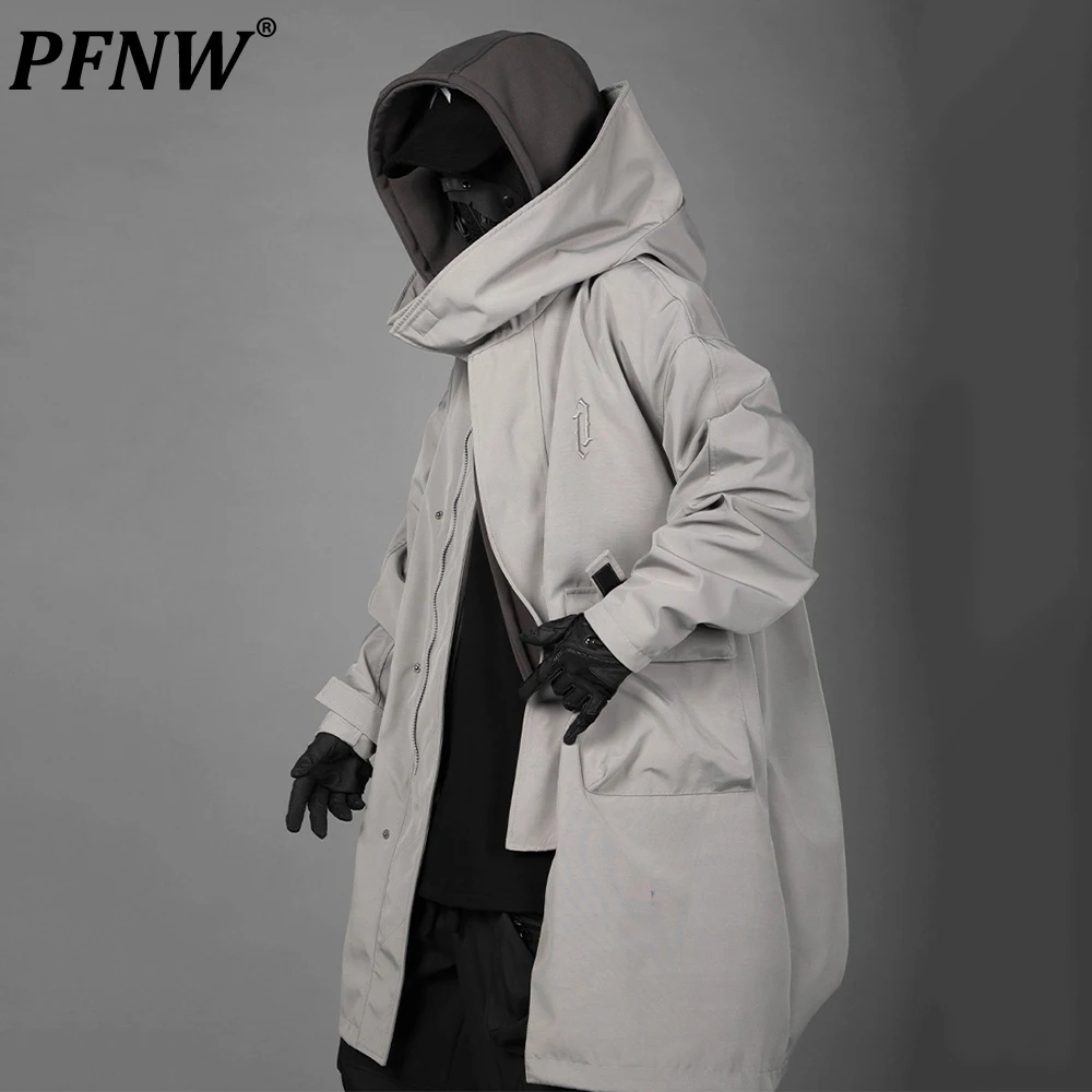 

PFNW Heavy Industries Fake Two Piece Workwear Spliced Black Grey Thick Windbreaker Men Loose Casual Medium Length Trench 12C1111