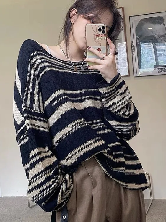 

Свободный вязаный свитер в полоску, женский весенне-осенний тонкий ленивый свитер, корейская версия, круглый топ Ne Long Sve