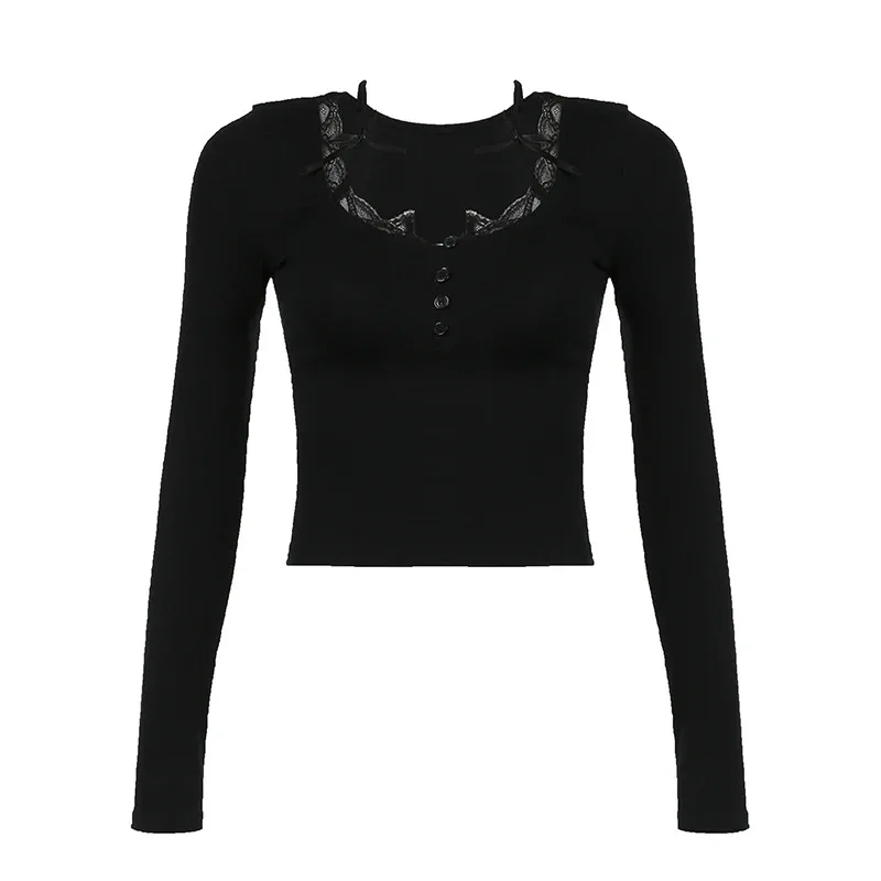SweetSpicy Lace Stitching Square Collar Neck Long Sleeve T-Shirt Button-Up Cut-Out Slim Fit Knit Short Jacket image 5