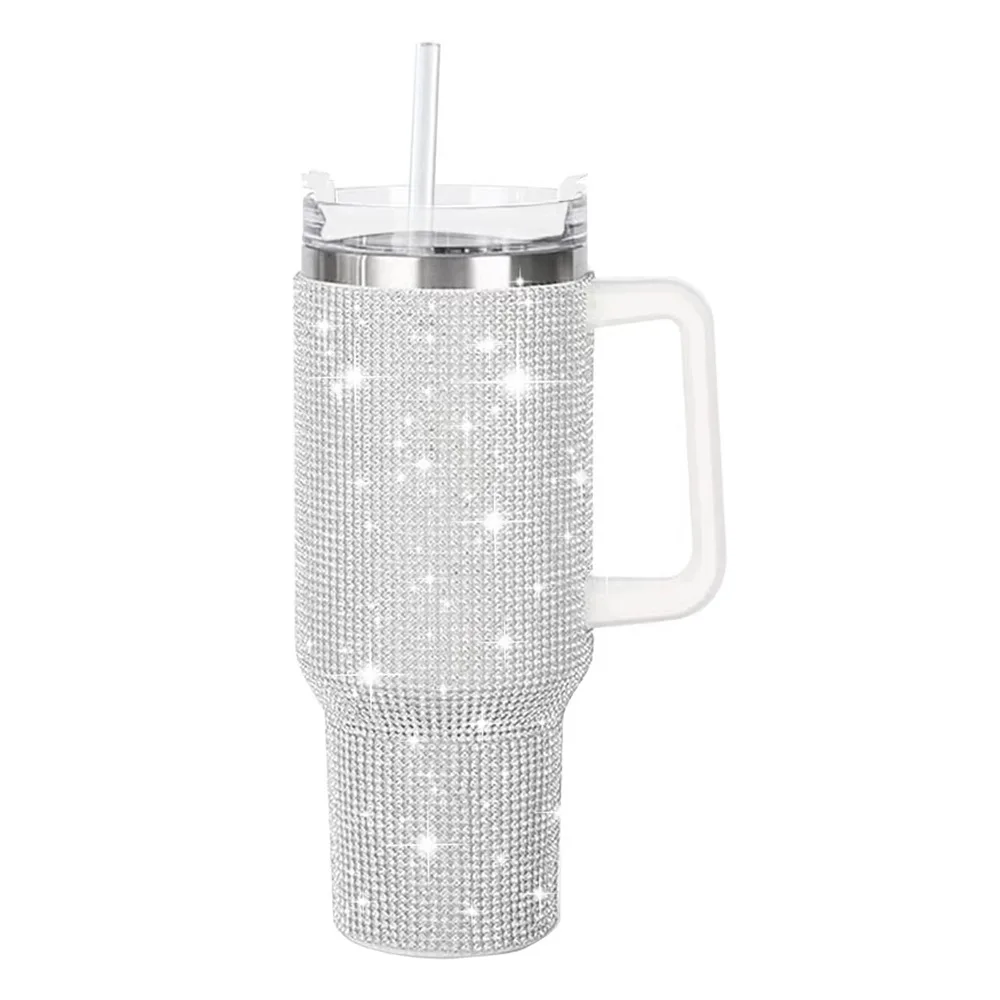 Cow Pattern 40oz Bingba Cup with Diamonds Stainless Steel Vacuum Straw Cup with Handle