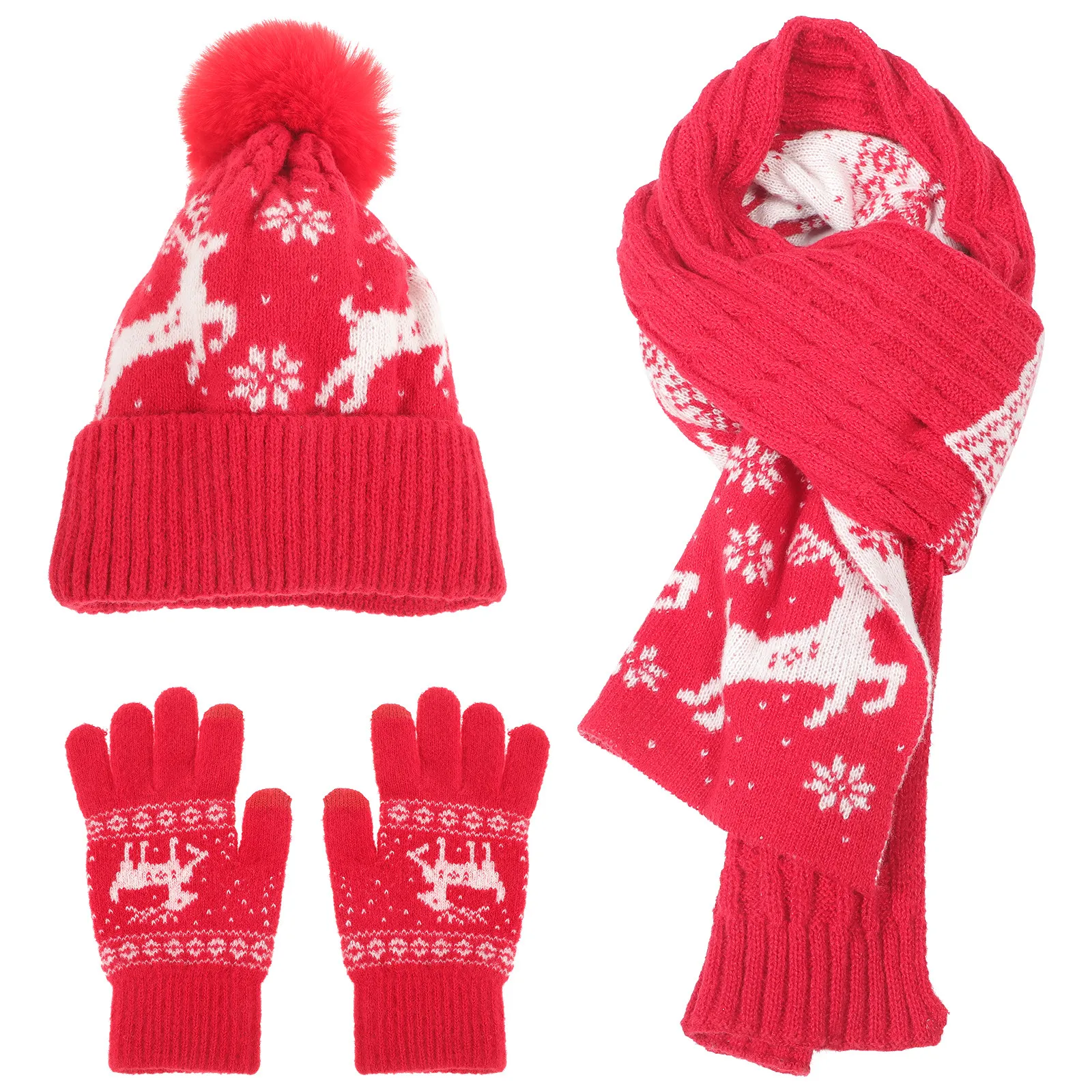 1Set Winter Warm Gloves Hat Scarf Set Christmas Theme for Women Girls Lightweight Comfortable Outdoor Riding Fishing Travel