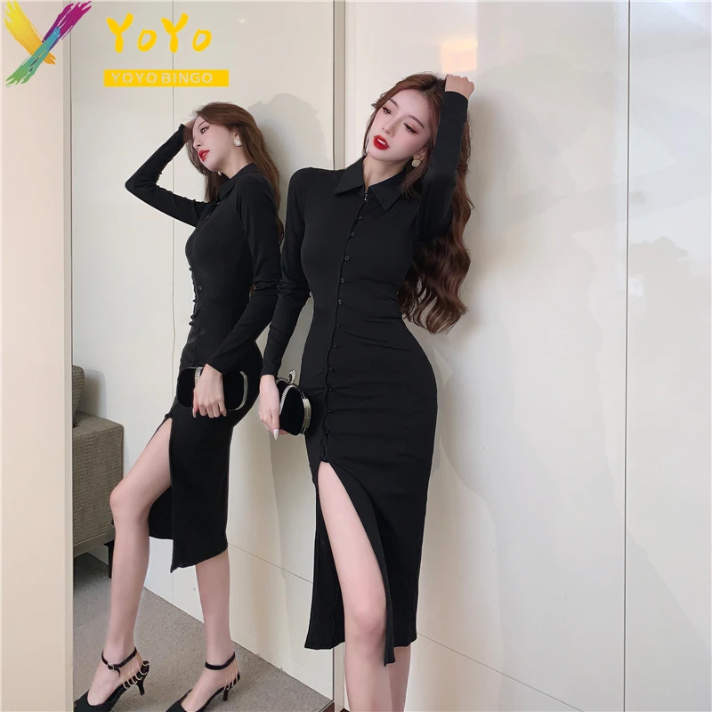 Fashion Office Dress Black Lapel Single Breasted Slit Long Sleeve Elegant Slim Bodycon Dress Fall/Autumn 2024 Women