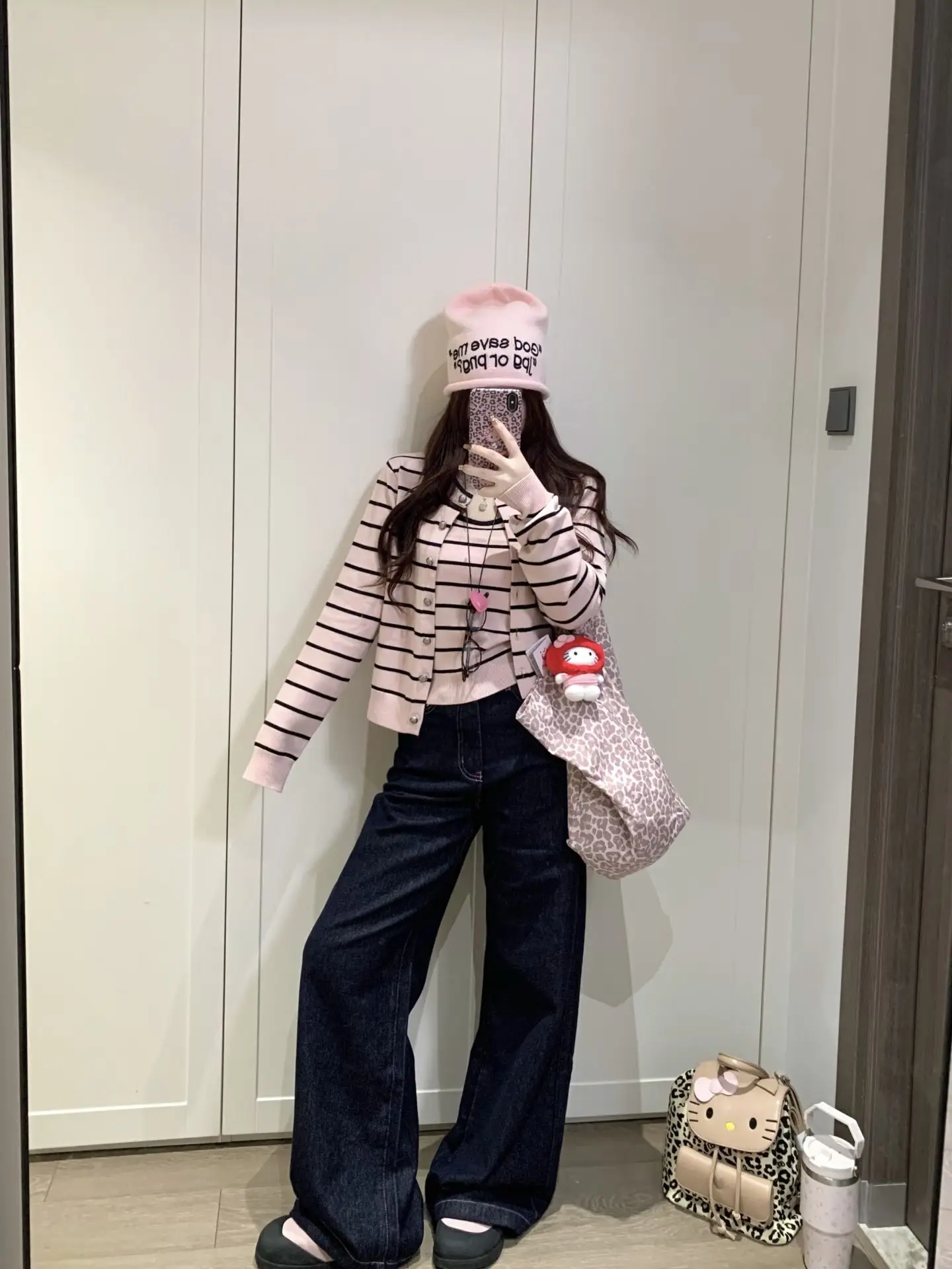 طقم كارديجان محبوك مخطط وردي للسيدات أوائل الخريف كوري Sle جميل طقم مكون من قطعتين من القطن الناعم طويل Sve مستدير...