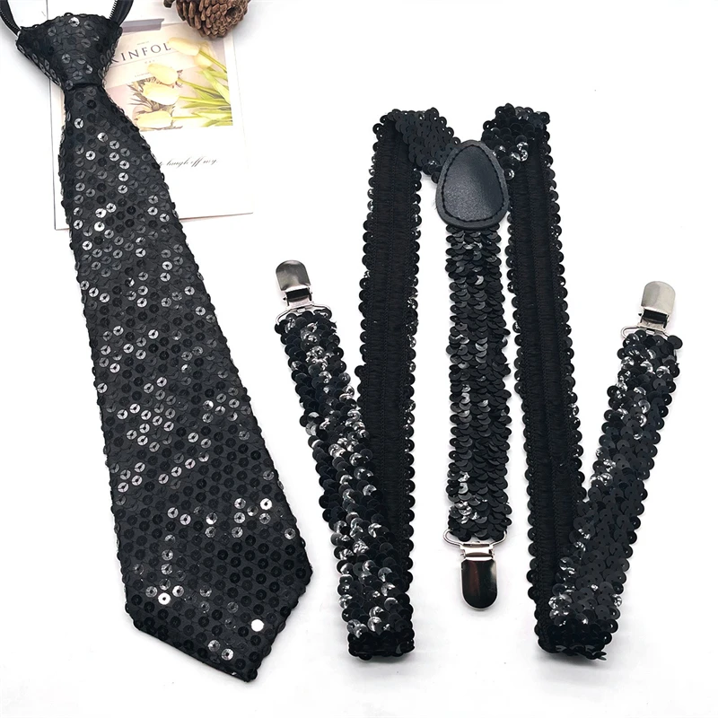 Sequined Tie Suspenders Set Adults Shinning Sequin Suspenders Elastic Wide Adjustable Heavy Duty Strong Clip Suspender Costume