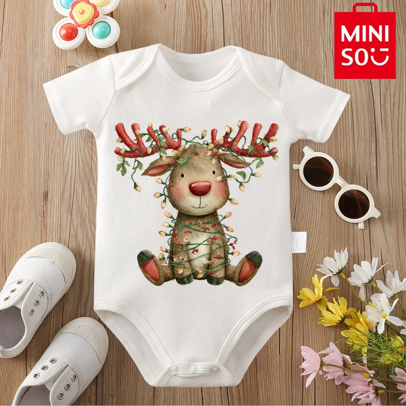

MINISO Pure Cotton Cloths Baby's First Christmas Cute HOHOHO Onesie Jumpsuit Bodysuit for 0-12 Months Newborn Best Gift for Baby