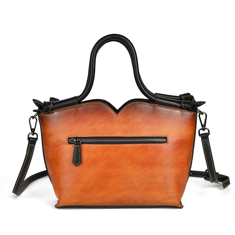 Vintage Leather Shoulder Bag for Women, Handmade with Head Layer Cowhide and Floral Carving