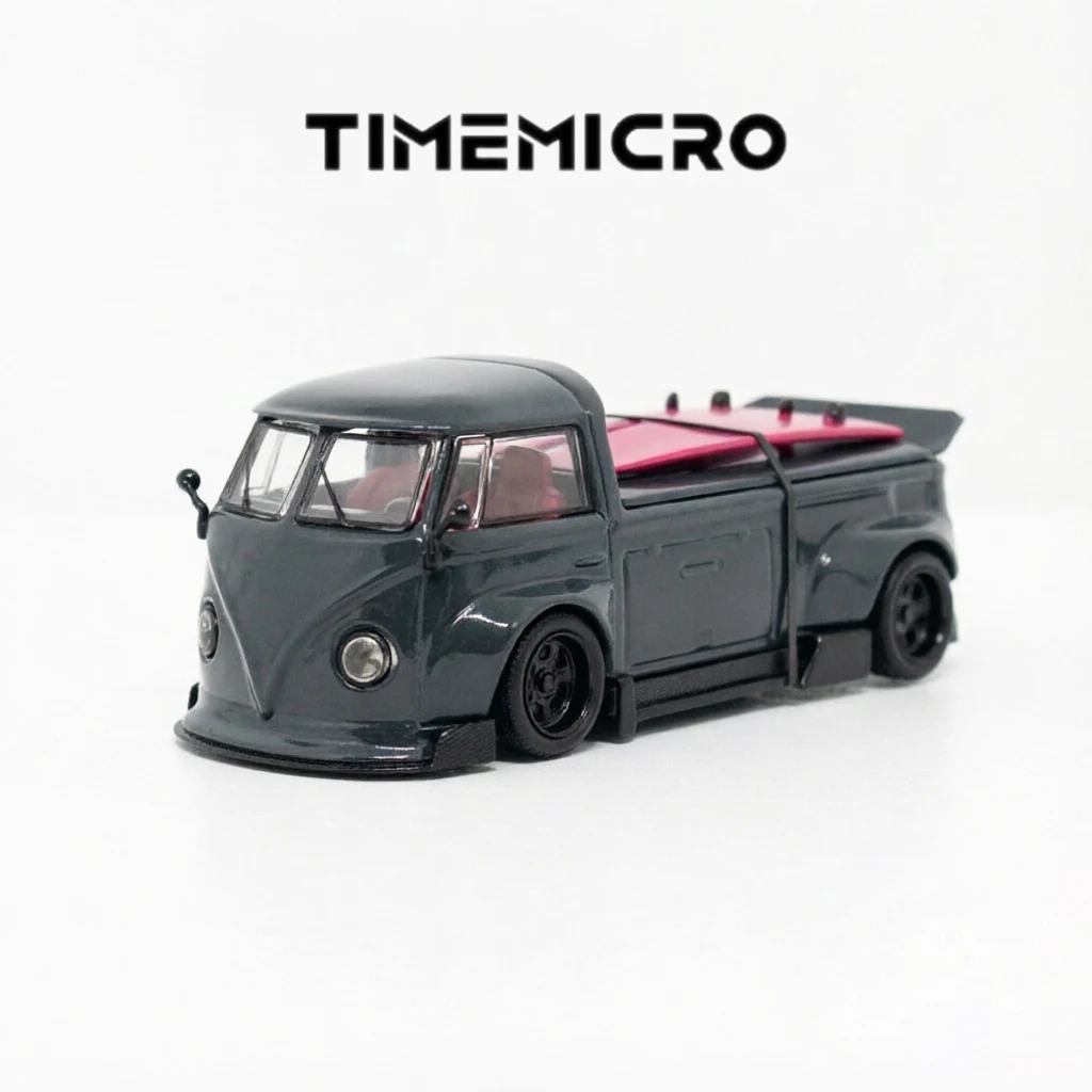 TPC & TimeMicro 1:64 VW T1 Pickup Modified Surfboard Decor Diecast Model Car (2 Color Variants: Red / Dark Gray) In Stock