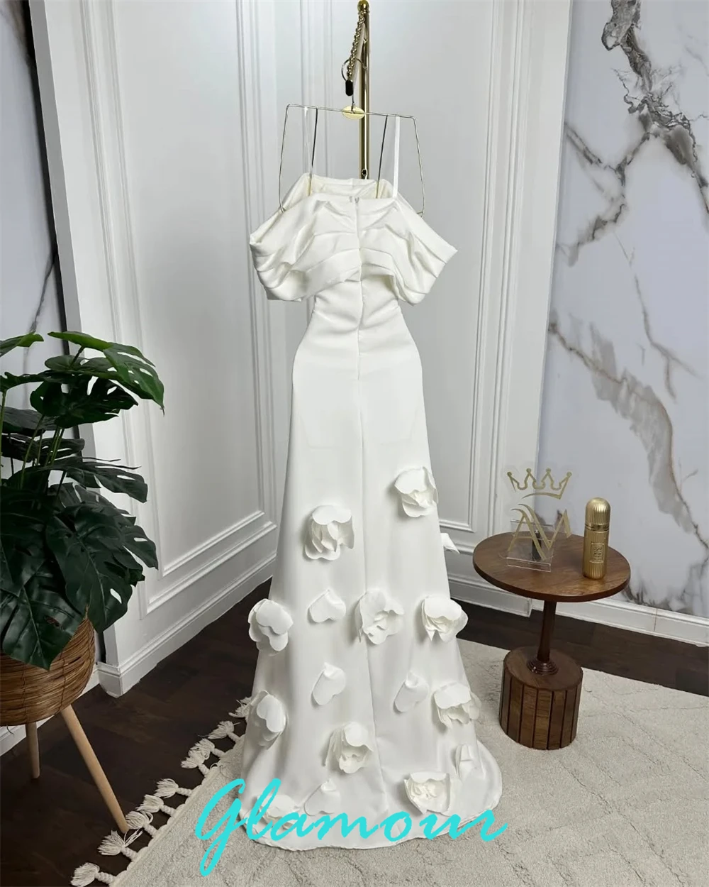 Customized Delicate White Jersey Evening Dress Exquisite Off the Shoulder Flowers Sweep Train Party Dress Vestido De Festa