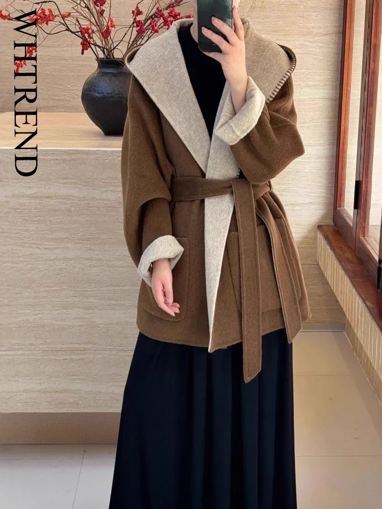 

WHTREND 2025 Autumn Winter Reversible Lace-Up Double-Sided Wool Coat Mid-Length Thickened Warm Woolen Coats Fashion WH1336