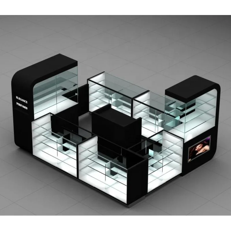 

Custom, 10 * 12ft Modern Perfume Kiosk Jewelry Display Kiosk Glass Display Showcase LED Light Mall Kiosk Design Idea