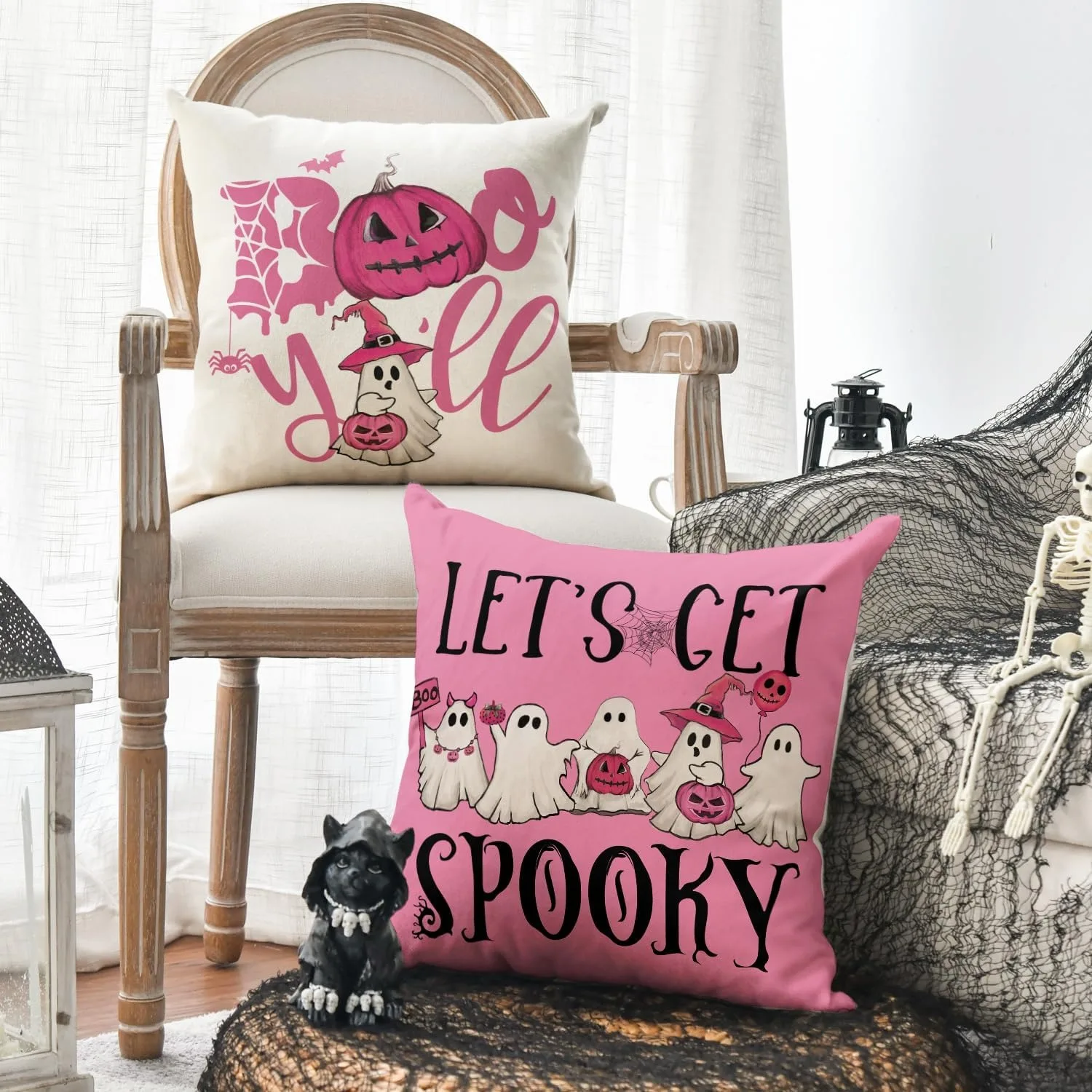 أكياس وسائد الهالوين المطبوعة باللون الوردي: أشباح مخيف، قرع وهيا نحصل على غطاء وسادة أريكة بتصميمات مخيفة، هدية #4