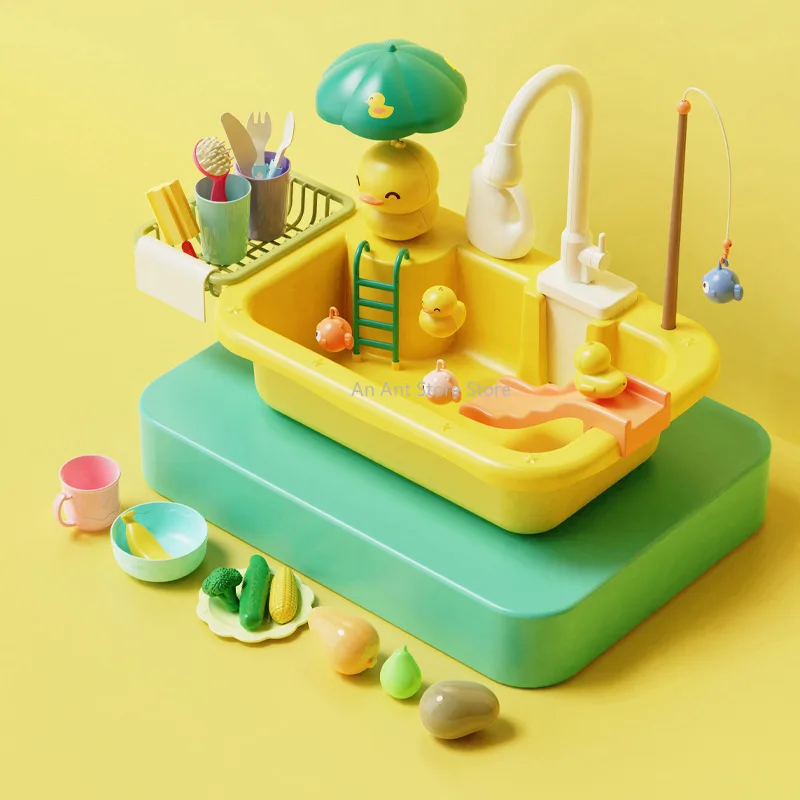 Kids Kitchen Sink Toys Electric Dishwasher Playing Toy With Running Water Pretend Play Food Fishing Toy Role Playing Girls Gift