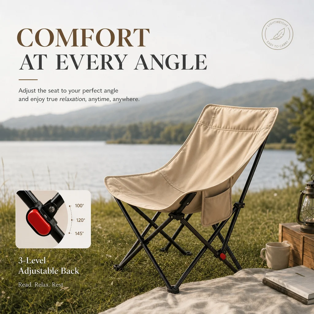 Portable Folding Moon Chair 3-Position Adjustable Backrest Recliner Outdoor Camping Fishing Beach Chair with Storage Pocket