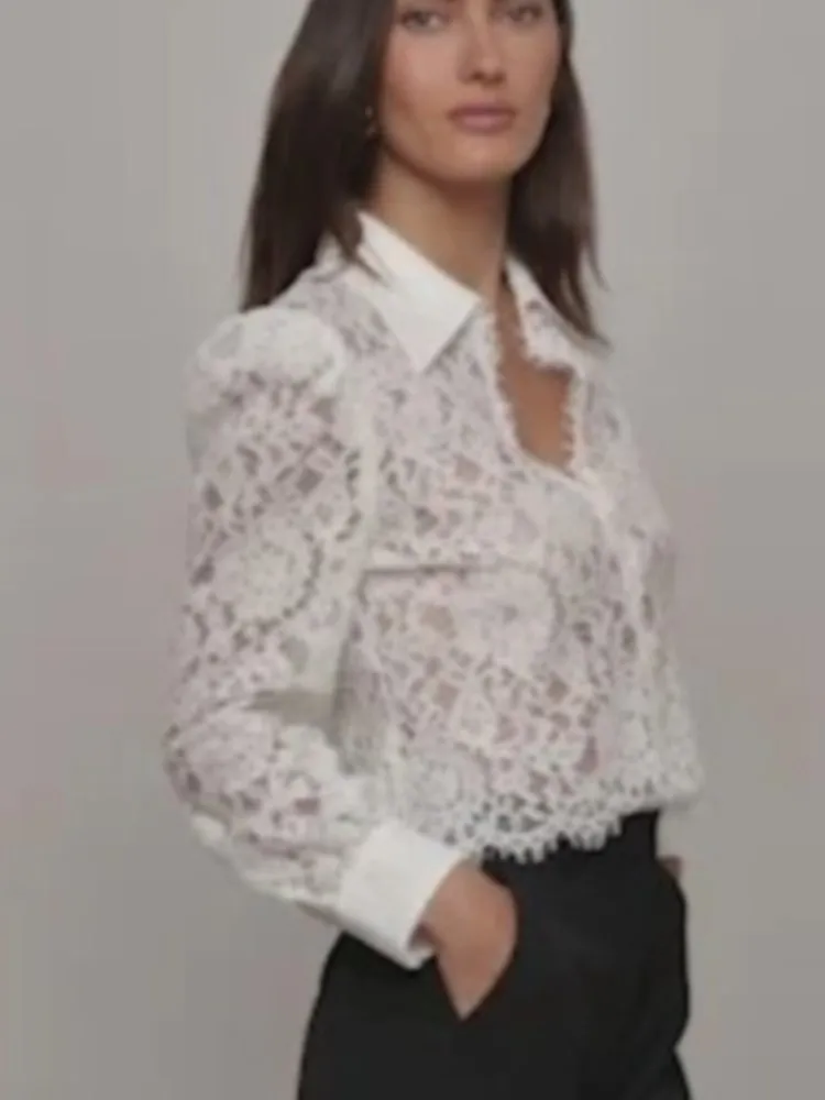 Sexy Perspektive Spitze Hemd Frau Mode Flip Kragen Lange Ärmel Eleganz Kurze Top Frühling Herbst Dame Ausländischen Stil Blusen