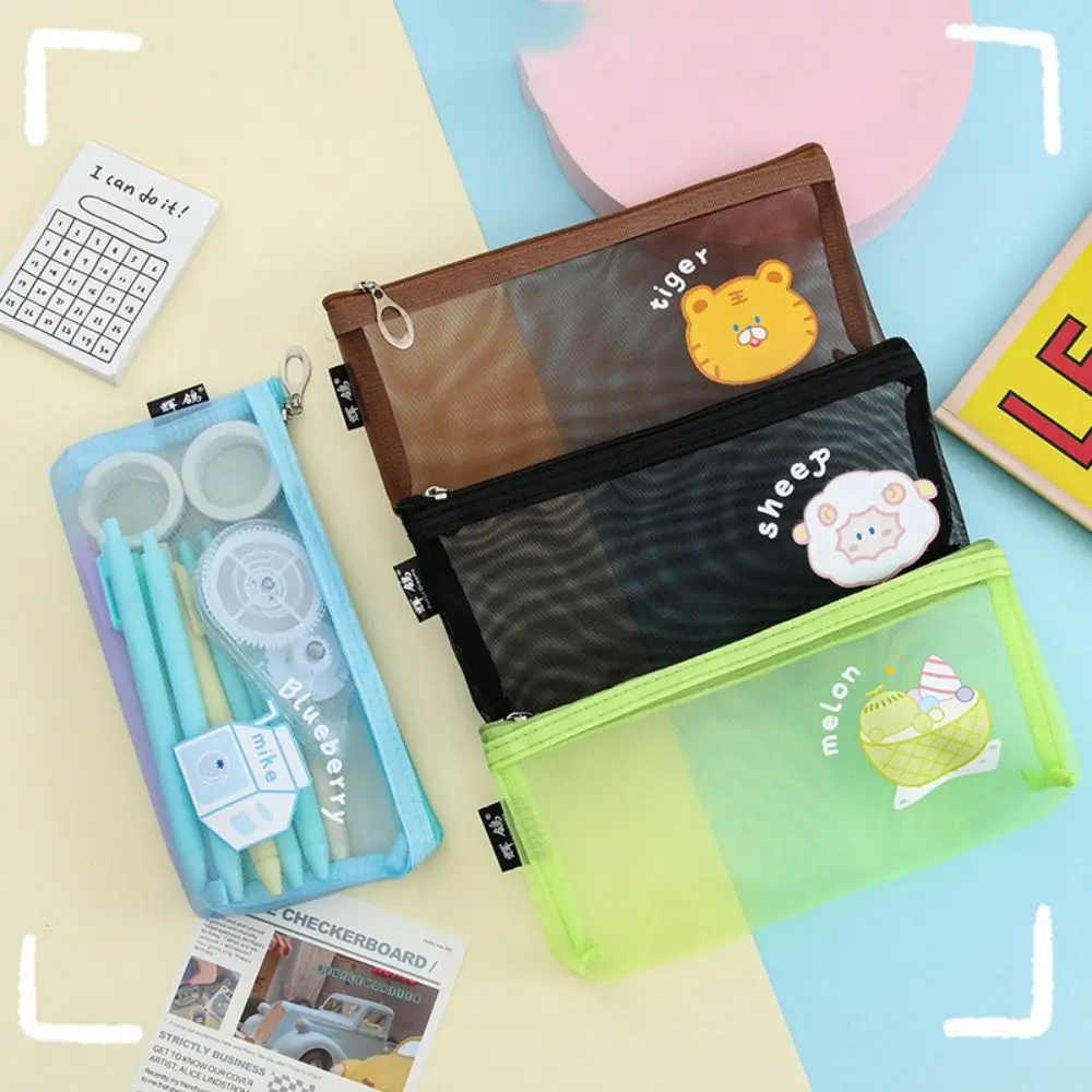 

Cute Mesh Pencil Case Cartoon Creative Stationery Storage Bag Nylon Mesh Large-Capacity Cosmetic Storage Bag Office Supply