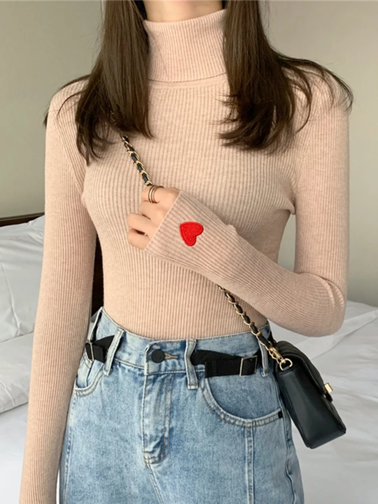 Heart Embroidery Turtleneck Knitted Women Sweaters Ribbed Pullovers Autumn Winter Basic Sweater Female Soft Warm Tops