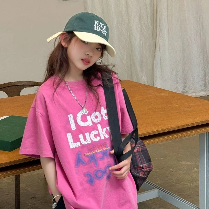 Girls Summer T-Shirt 2026 Kids Short Sleeve Tee with Cute Print Korean Inspired Loose Fit Casual Top for Little Big Girls