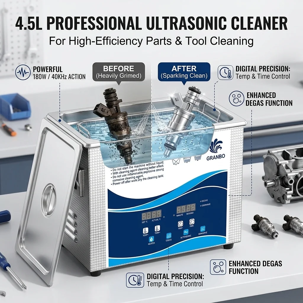 

Granbosonic 4.5L Digital Ultrasonic Cleaner 180W with DEGAS SEMIWAVE Heating for Dental Manicure Tattoo Fuel Injector Washer