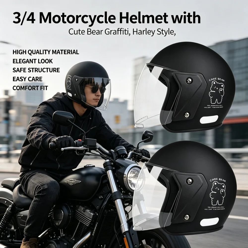 3/4 Motorradhelm mit Niedlichem Bären-Graffiti, Harley-Stil, 3C-Zertifiziert, Einheitsgröße 55-62cm für Männer & Frauen Fahrer