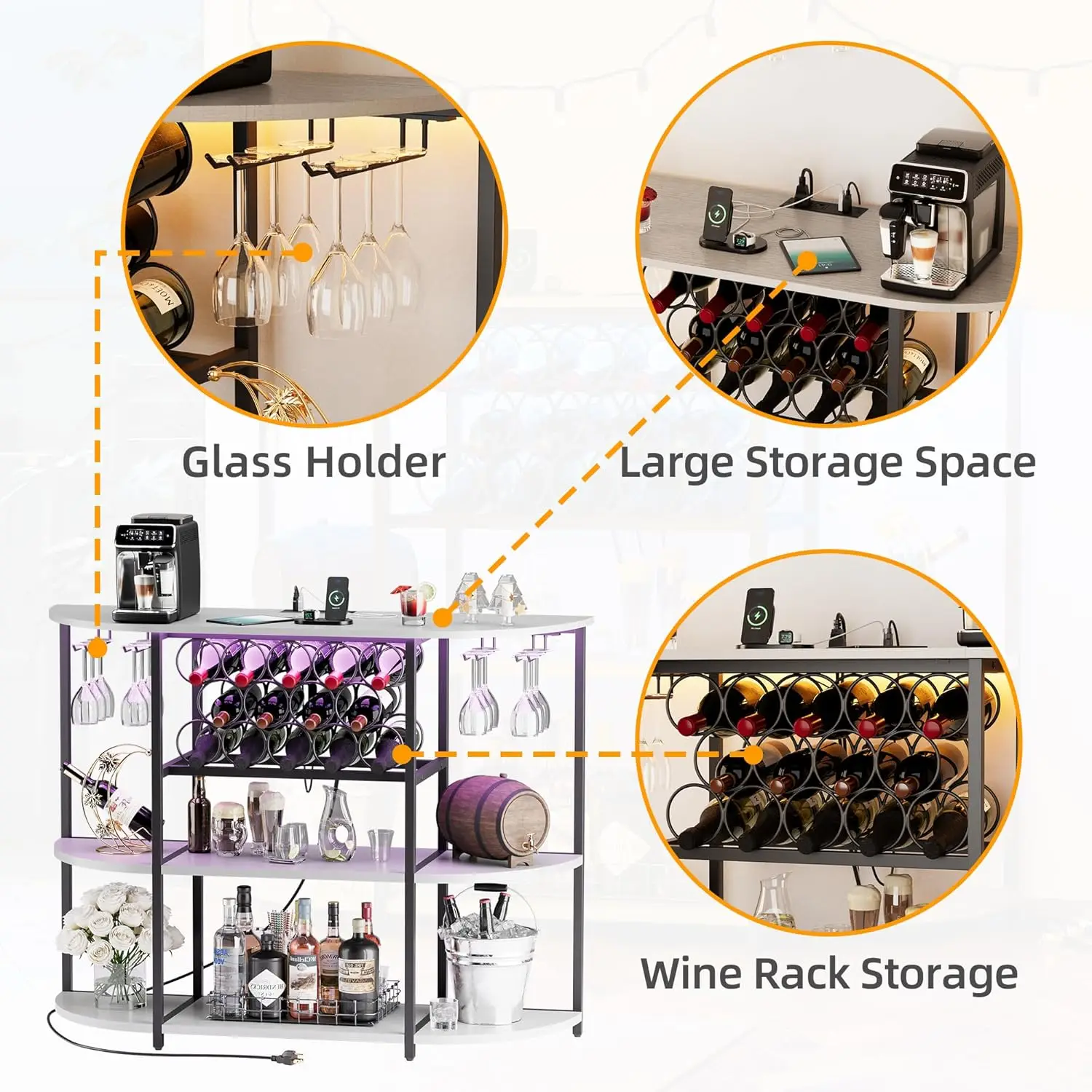 Wine Bar Cabinet with LED Lights and Power Outlets, Freestanding Coffee Liquor Bar Cabinet with Glass Holder, Wine, Customized - view 5