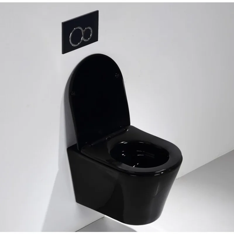 European style Rimless Ceramic Toilette Matte Black Color Mounted Round Wall Hung Toilet