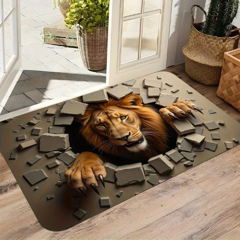 1pc 2D Optical Illusion Lion Doormat Breaking Through The Wall Non-Slip Welcome for Indoor Washable Home Decoration Carpets