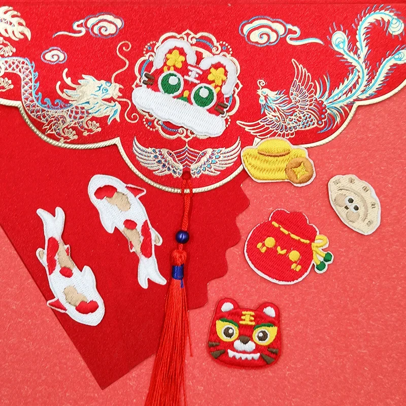 Chinese Spring Festival Embroidery Patches Antithetical Couplet Firecracker Lantern Lion Dance Cloth Appliques Stick-on Ornament