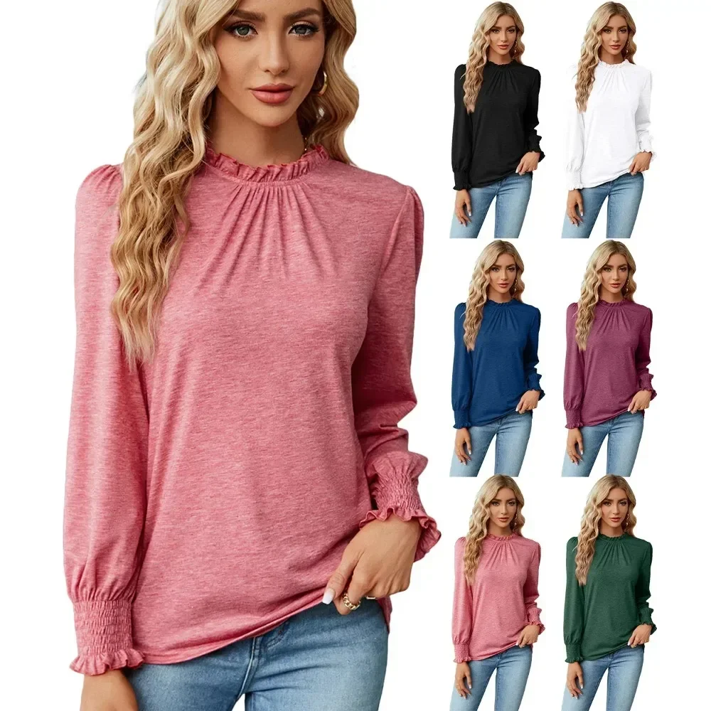 Women's Shirts & Blouses for Women Elegant Tops Long Sleeve Shirring Korean Popular Clothes Green Blouse Trend 2024 Clothing