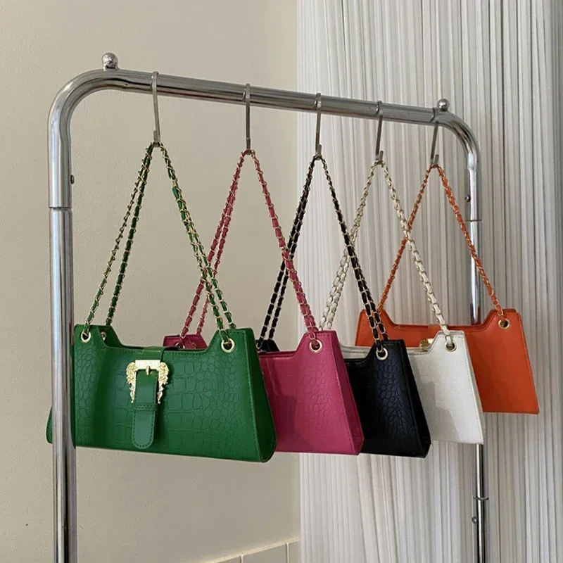 2024 Luxury Women\'s Chic Underarm Bags New Fashion Crocodile Pattern Chain Shoulder Bags Handbags Clutch Blue Green Armpit Bags