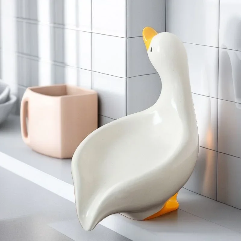 Duck Shape Soap Box Ceramic Drain Plate Tray Creative Soap Holder Non-slip Laundry Soap Dish Storage Case Bathroom Decoration