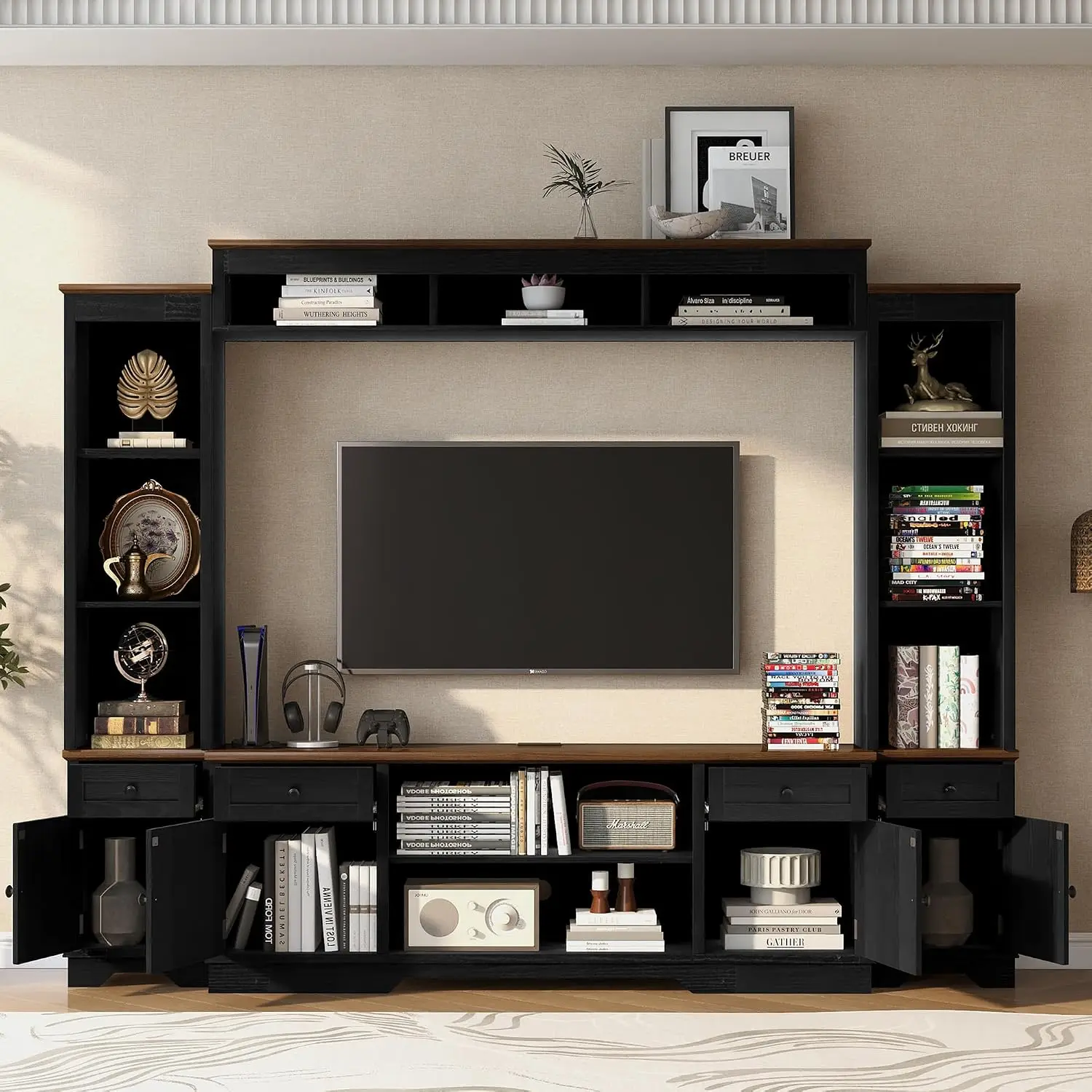 Modern TV Stand Wall Unit with Bookshelf & Adjustable Shelves for Living Room Fits 80