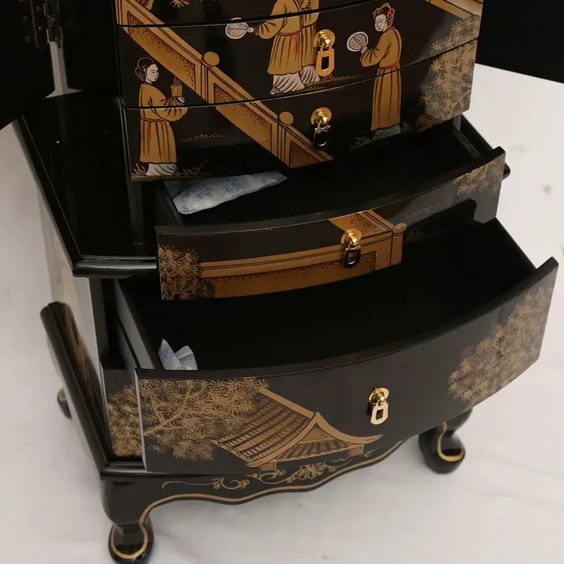 New Chinese Style Painted Jewelry Cabinet Bedroom Chest with Mirror Retro Antique Dressing Table Multi Layer Storage High