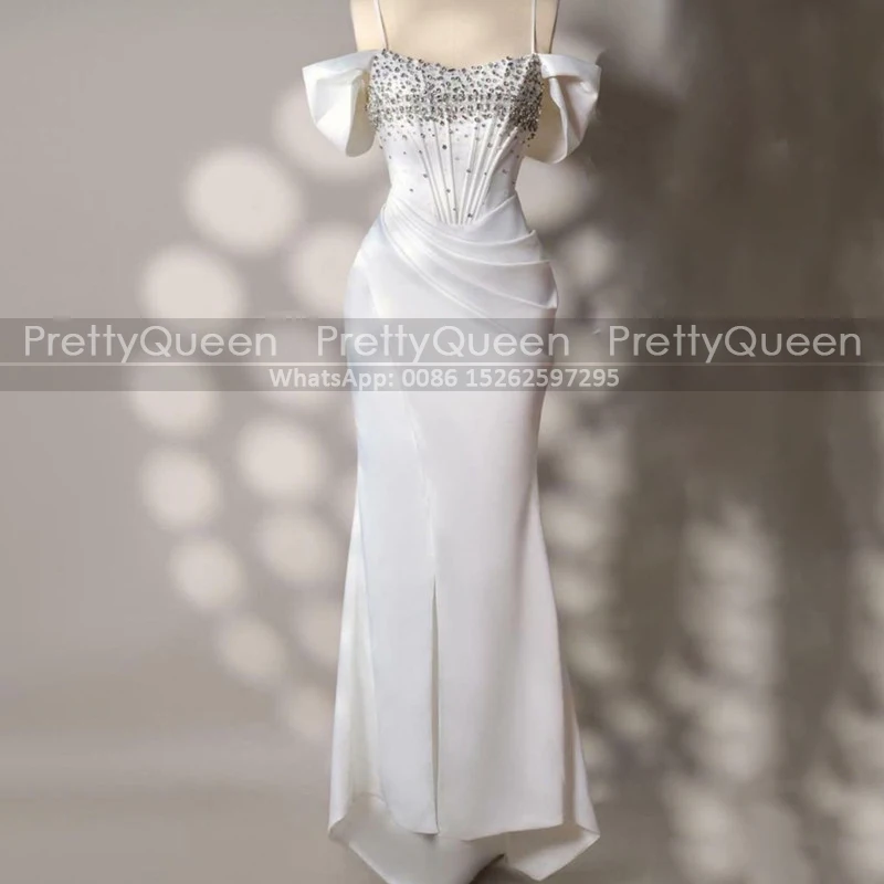 

Customized Heavily Beaded Wedding Dress Pleat Mermaid Long Spaghetti Straps Off Shoulder Sheath Front Slit White Bridal Dresses