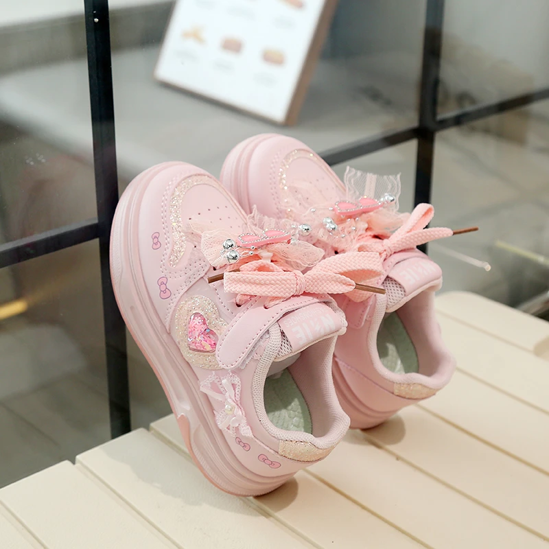 Little Girls Cute Bow Heart Sneakers, Sparkly Glitter Casual Platform Skate Shoes, Adjustable Strap Lightweight Walking Kids