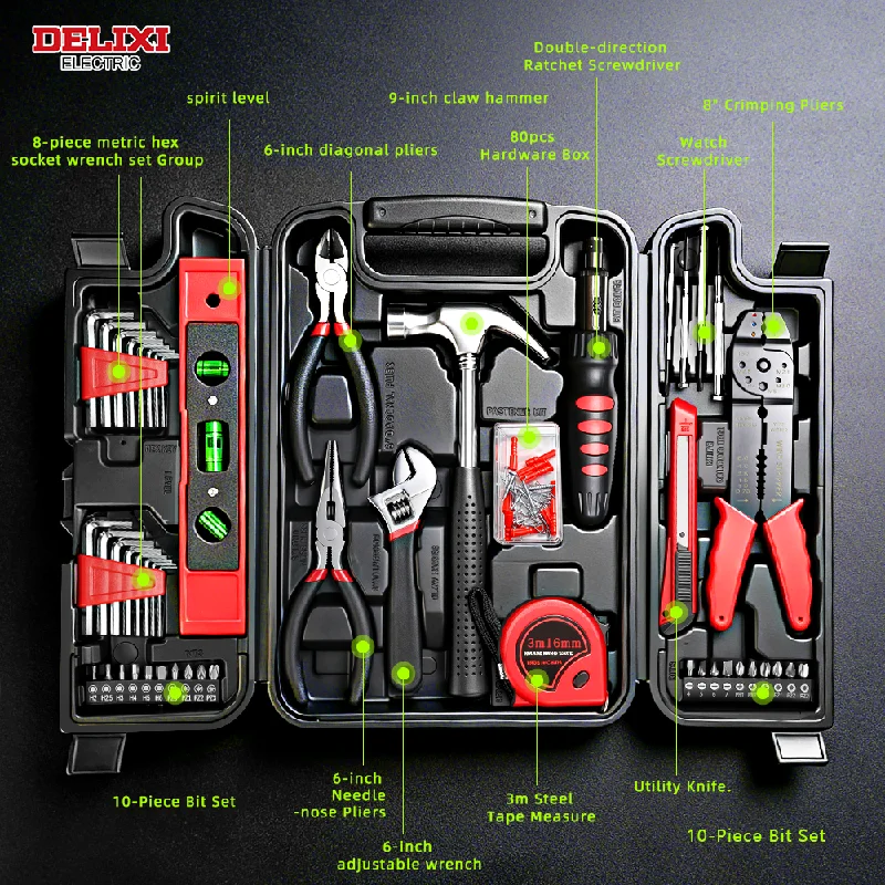 Multi-functional Manual Tool Set,Portable Storage Tool Box with Wire Strippers,Adjustable Wrenches,Hex Keys&Screwdriver Bits.