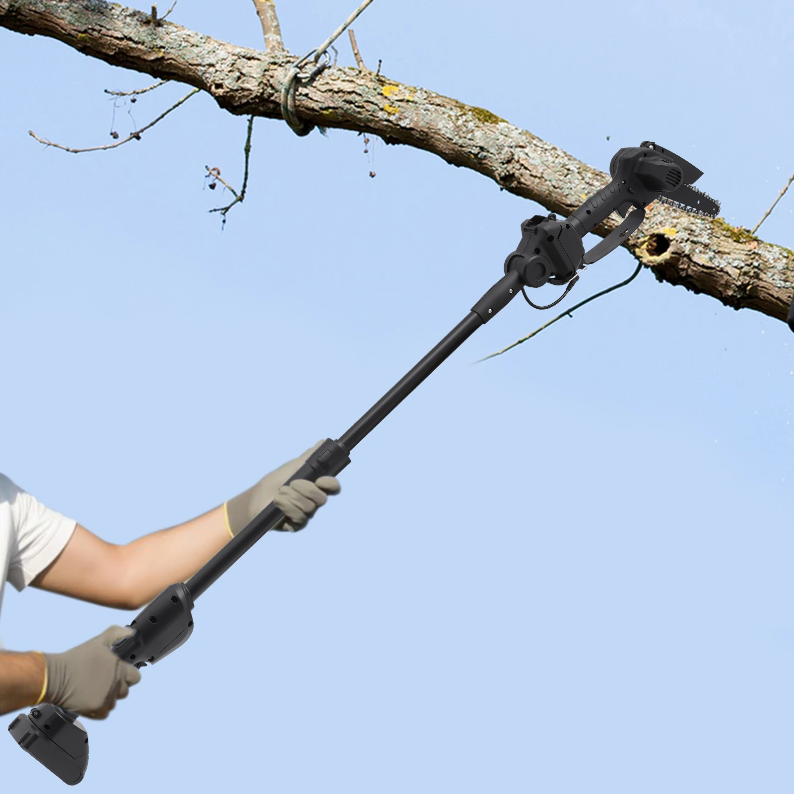 

Electric High Reach Pole Chainsaw Cordless Pole Chainsaw Lithium Battery Chain Saw 2 in 1 Detachable 4.26ft Extension Pole Handheld Chainsaw 65 Manganese Steel Chain ABS Shell Aluminum Alloy Over Discharge Protection for Tree Trimming