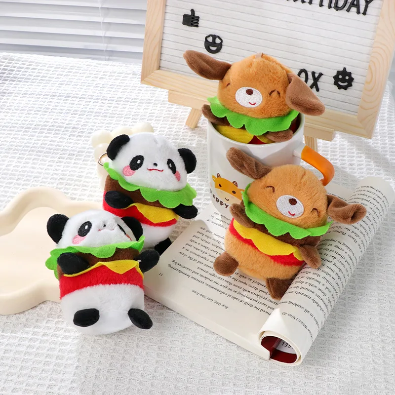 Nieuwe Schattige Hamburger Panda Hond Pluche Speelgoed Pop Sleutelhanger Cartoon Zachte Pluche Hond Pop Rugzak Hanger Verjaardagscadeaus