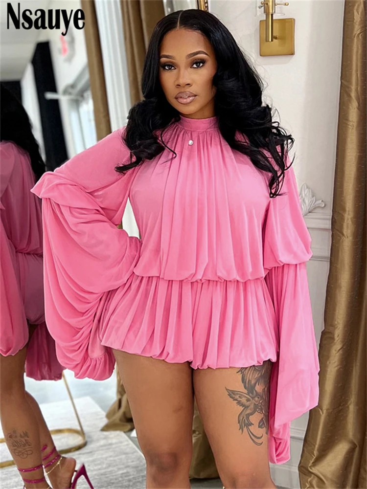 

Nsauye Sexy Night Club High Waisted One Pieces Elegant Rompers Women Summer Long Sleeve Casual Fashion Bodysuit Playsuit Tops
