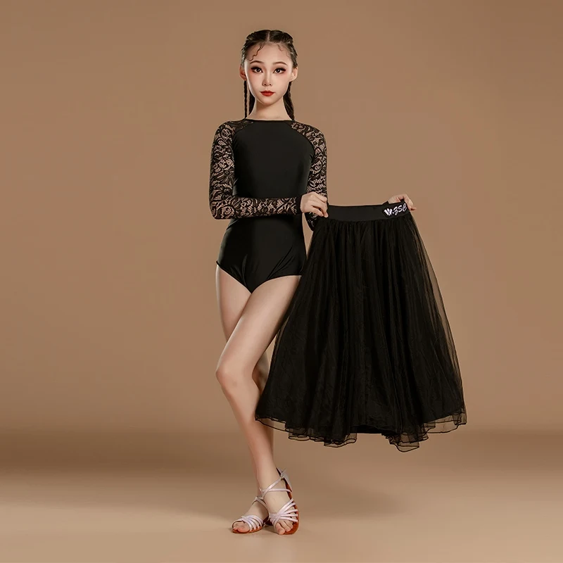 2025 ใหม่มาตรฐานแห่งชาติเต้นรําเสื้อผ้าสําหรับสาวลูกไม้สีดําบอดี้สูท Big Swing กระโปรงบอลรูมเต้นรําเครื่องแต่งกาย DN20360